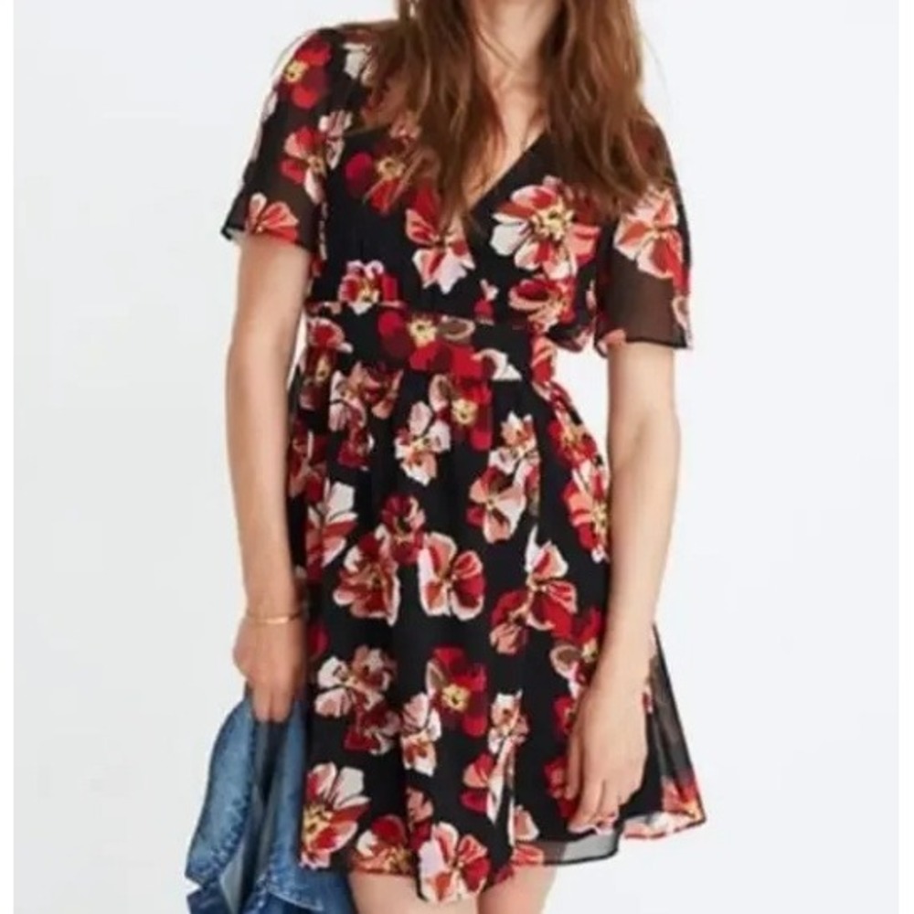 Madewell Floral V-Neck Mini Dress Black Red‎ Pink Short Sleeve Chiffon Size 4